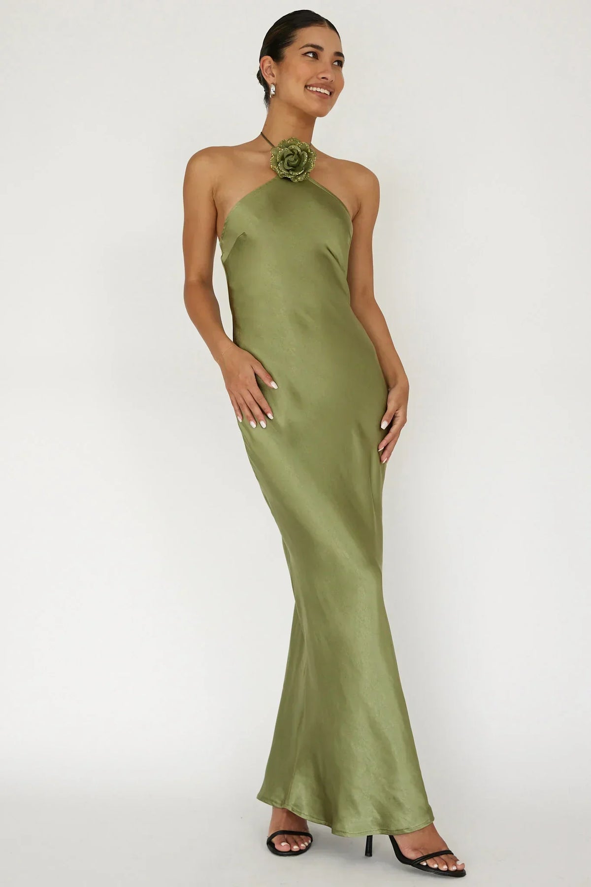 High Roller Flower Decoration Halter Dress Olive