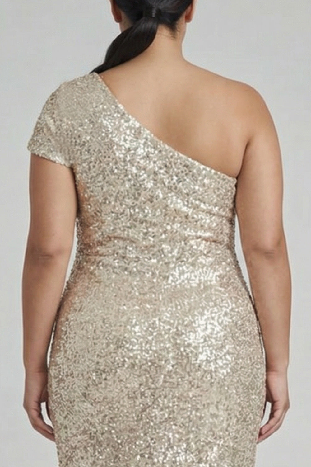 Plus Size Sparkly Champagne One Shoulder Mermaid Long Formal Dress with Sequins