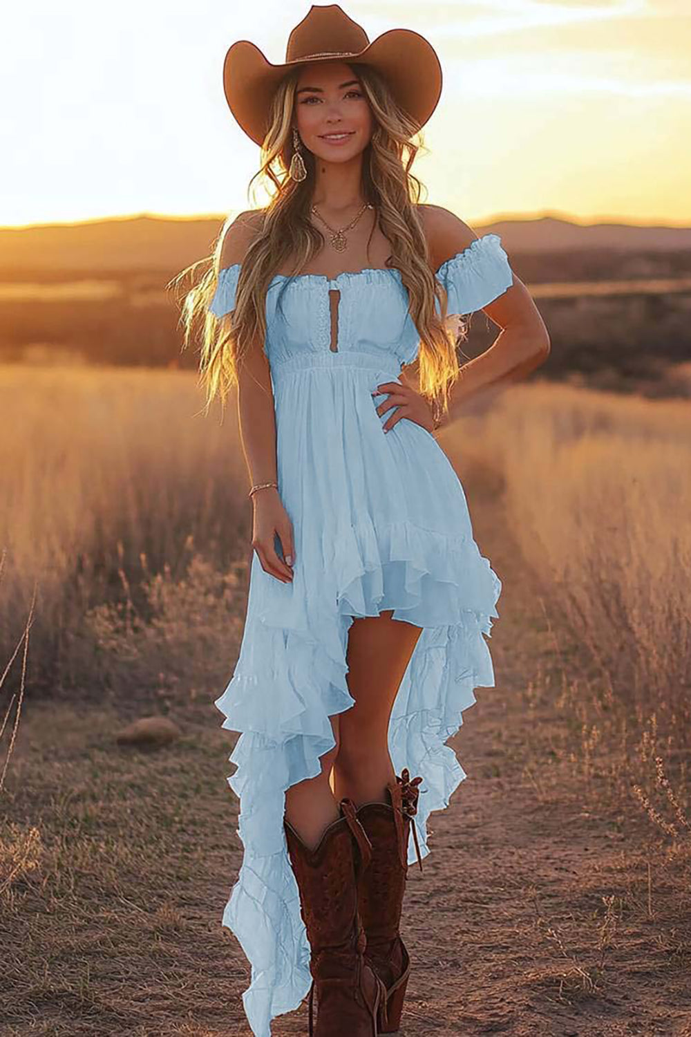White A Line Off the Shoulder Asymmetrical Western Wedding Dress with Ruffles