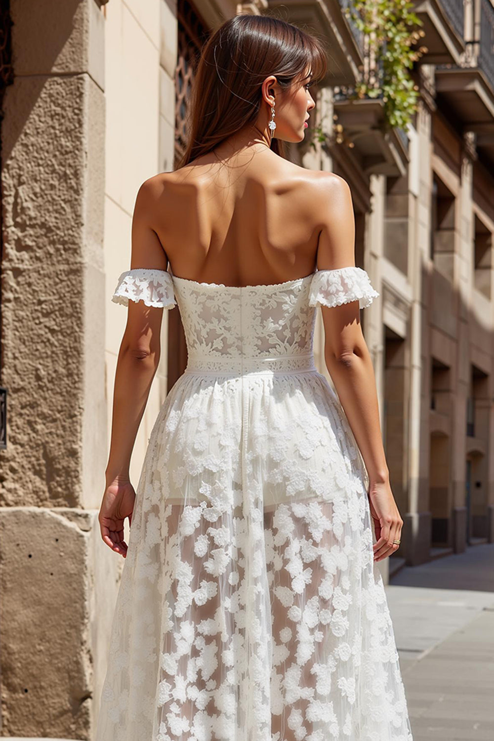 Ivory A Line Floral Appliqued Long Boho Wedding Dress