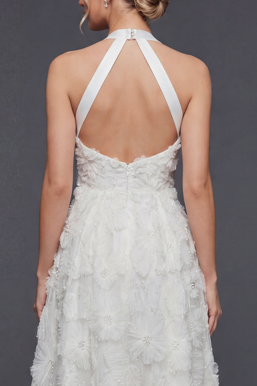 White A Line Halter Maxi Floral Boho Wedding Dress