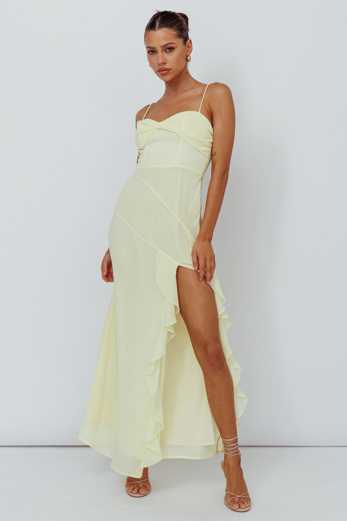 Jayna Ruffle Trim Split Dress Yellow