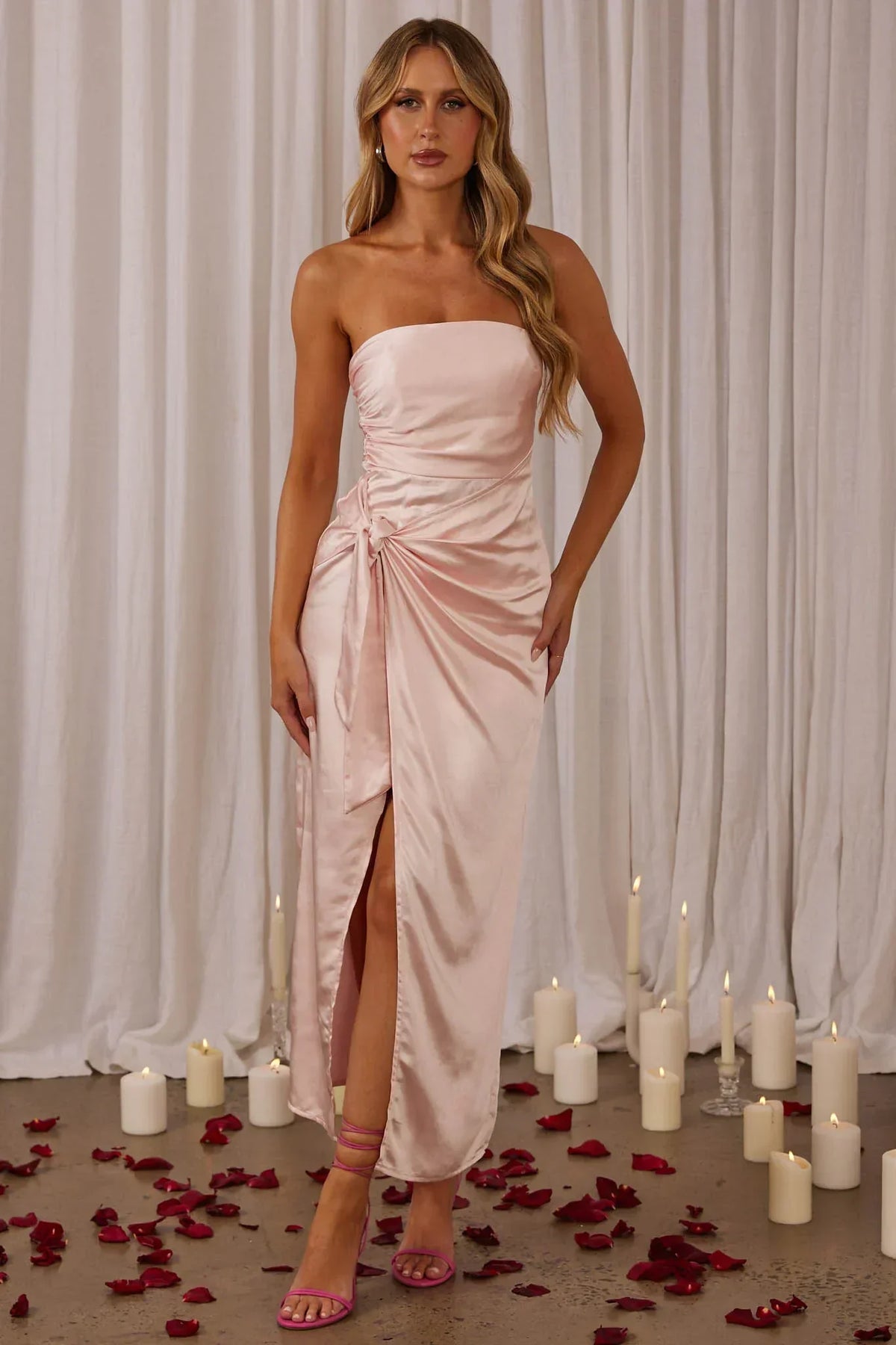 Gianna Strapless Waist Tie Midi Dress Blush