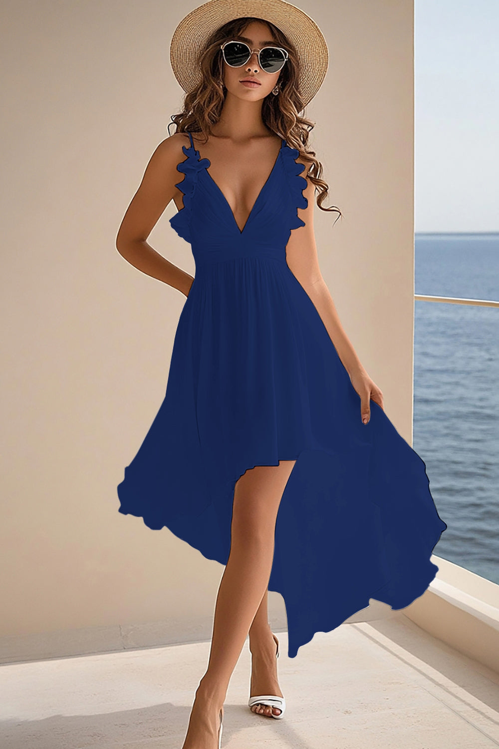 White Chiffon A Line Boho High Low Graduation Dress with Ruffles