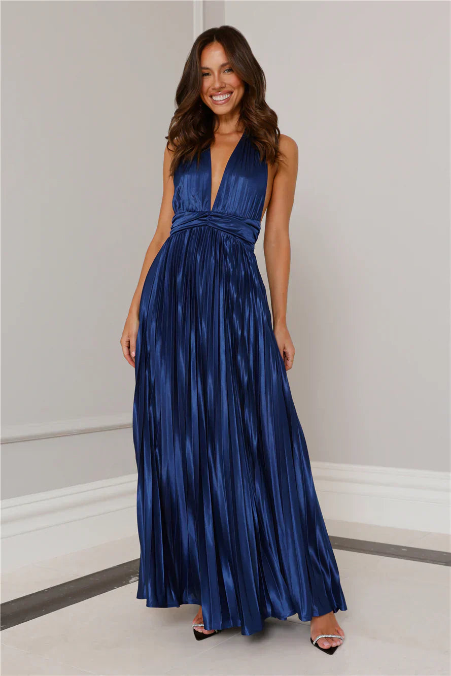 Shimmering Sea Pleated Halter Maxi Dress