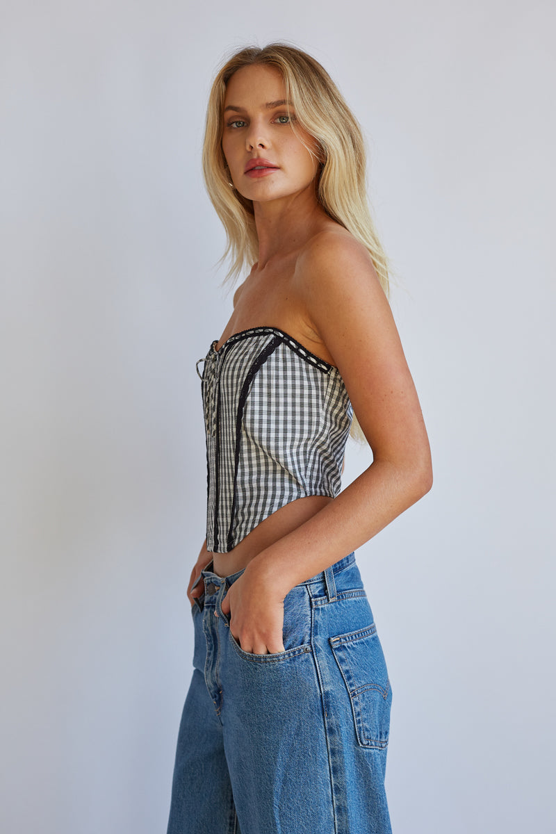 Kacey Lace Gingham Front Tie Corset