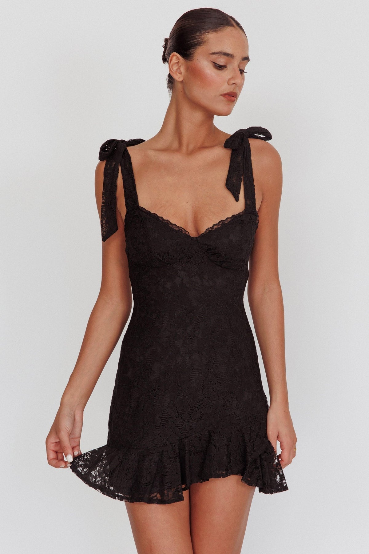 Emine Bow Shoulder Lace Mini Dress Black