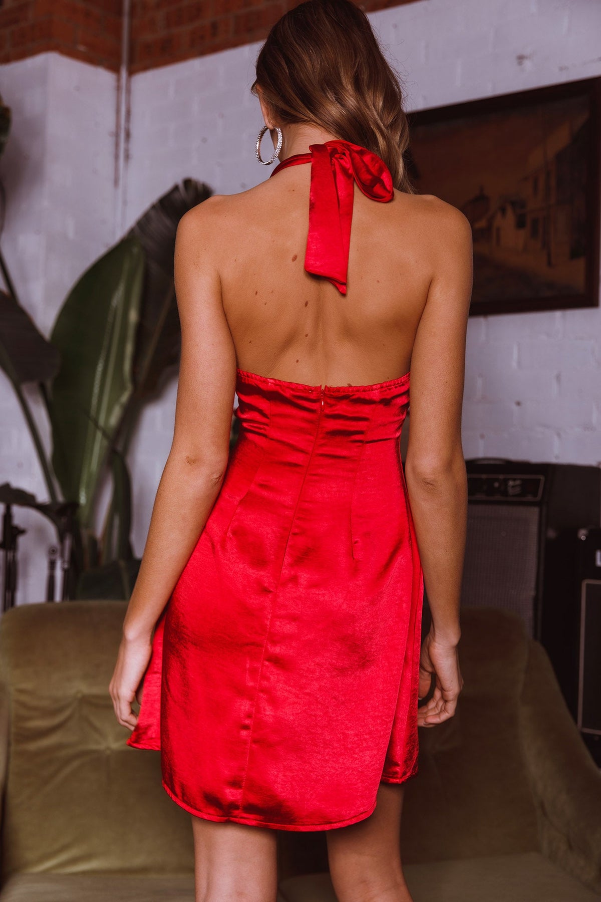 Falling Star Plunging Halterneck Mini Dress Red