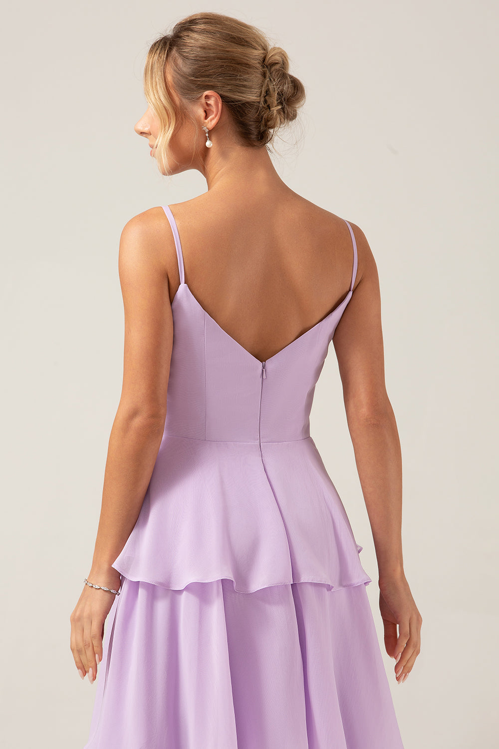 Lilac A Line Spaghetti Straps Tiered Chiffon Bridesmaid Dress with Slit