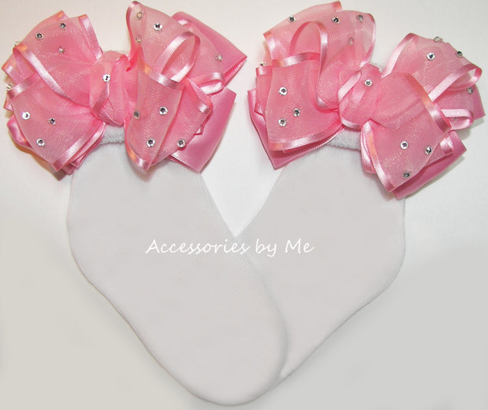Glitzy Light Pink Organza Satin Bow Socks