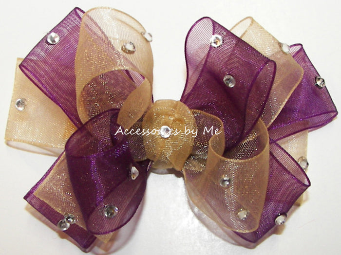 Glitzy Plum Gold Organza Hair Bow - Accessories by Me