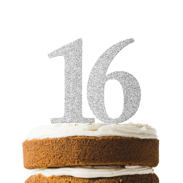 Silver Glitter Number 16 Cake Topper