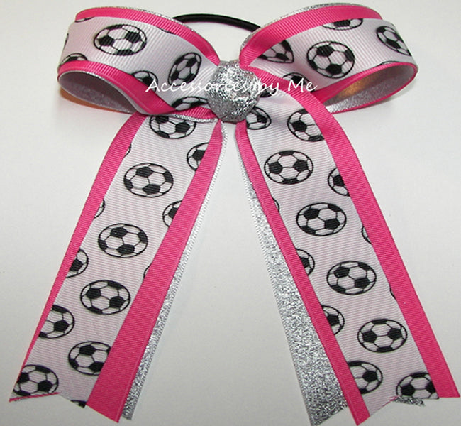 Soccer Hot Pink Silver Ponytail Bow