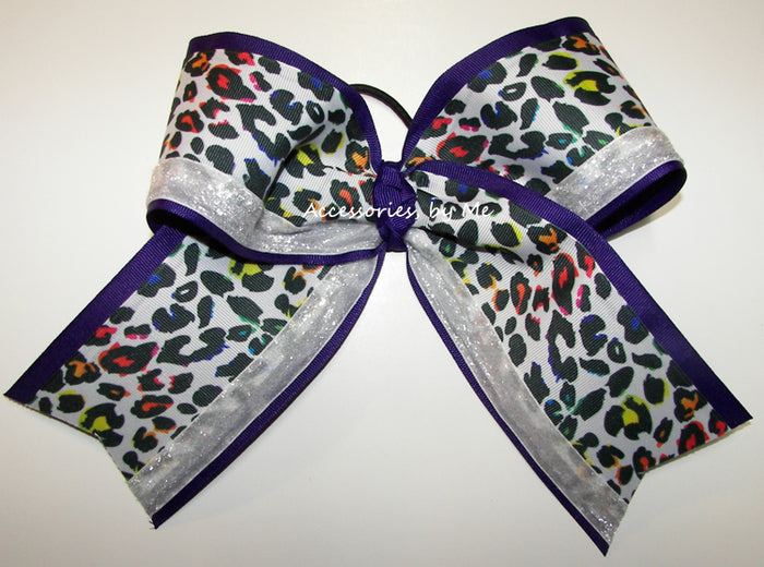 Sparkly Leopard Purple White Cheer Bow