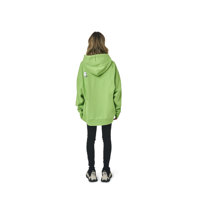 Long sleeves oversize cut hoodie in washed neon green color fabric featuring ' The Flying Monkeys Club ' logo print at front and at back. 1886 logo embroidered at kangaroo pocket. Rib knit at cuffs and hem.