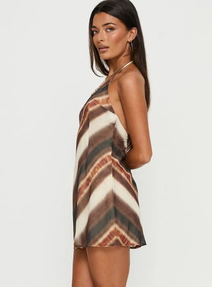 Esmira Halter Mini Dress Brown Stripe