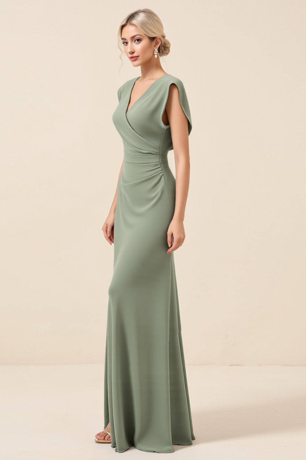 Chiffon Eucalyptus Sheath V-Neck Long Bridesmaid Dress with Slit