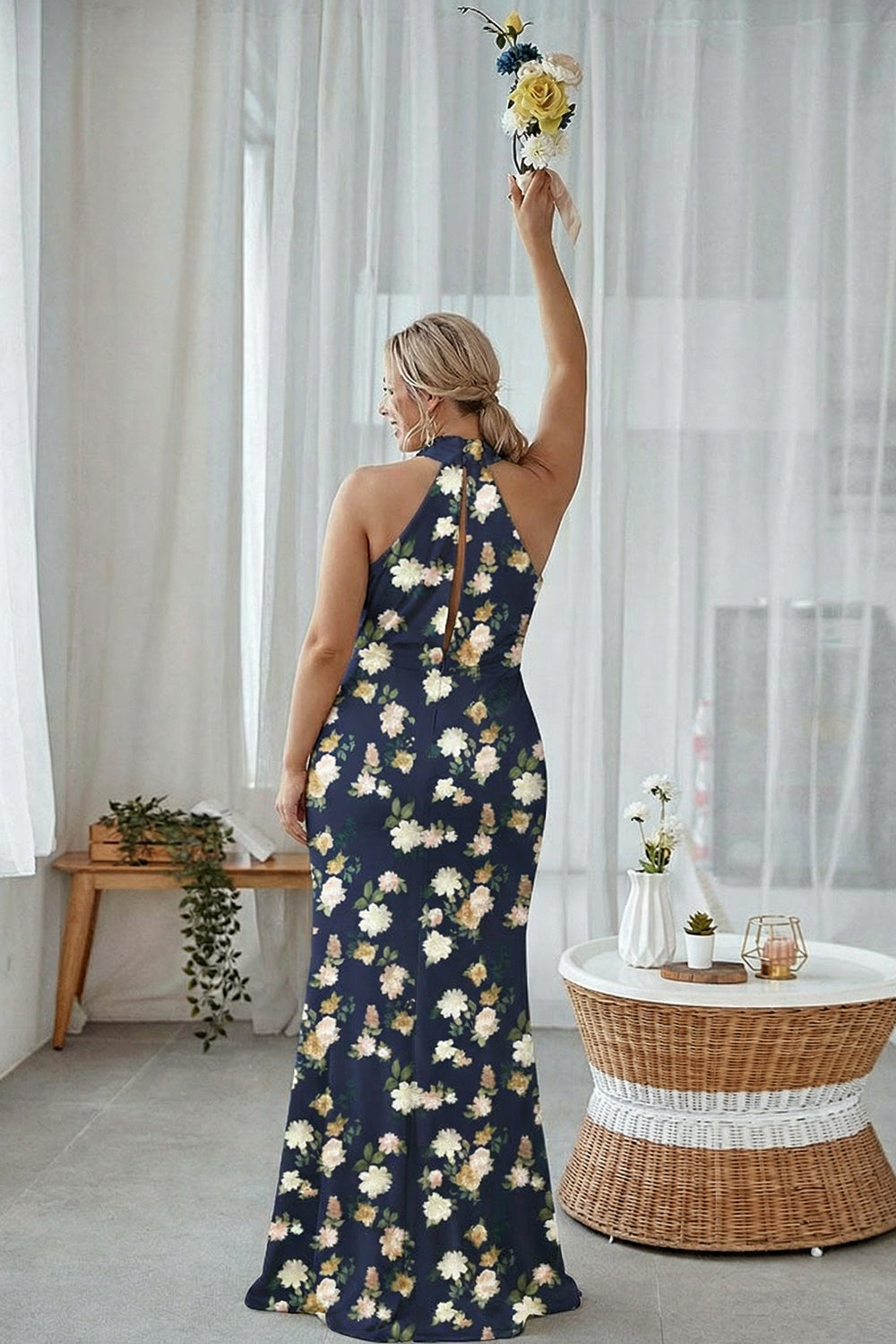 Floral Sage White Sheath Plus Size Halter Long Bridesmaid Dress