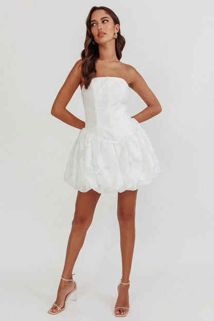 Monti Strapless Bubble Hem Mini Dress Embroidered White
