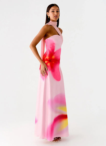 Isa Scarf Satin Maxi Dress - Frangipani Pink