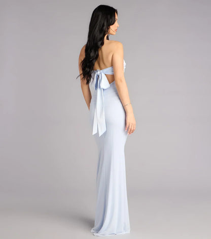Iris Satin Tie-Back Mesh Mermaid Dress