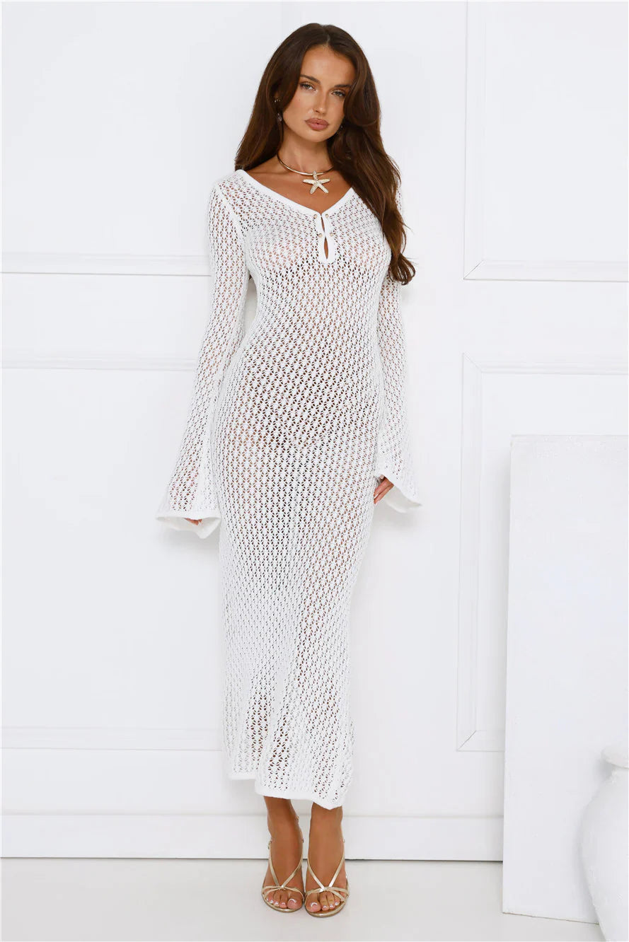 Sailing Into Sunset Knit Long Sleeve Maxi Dress White