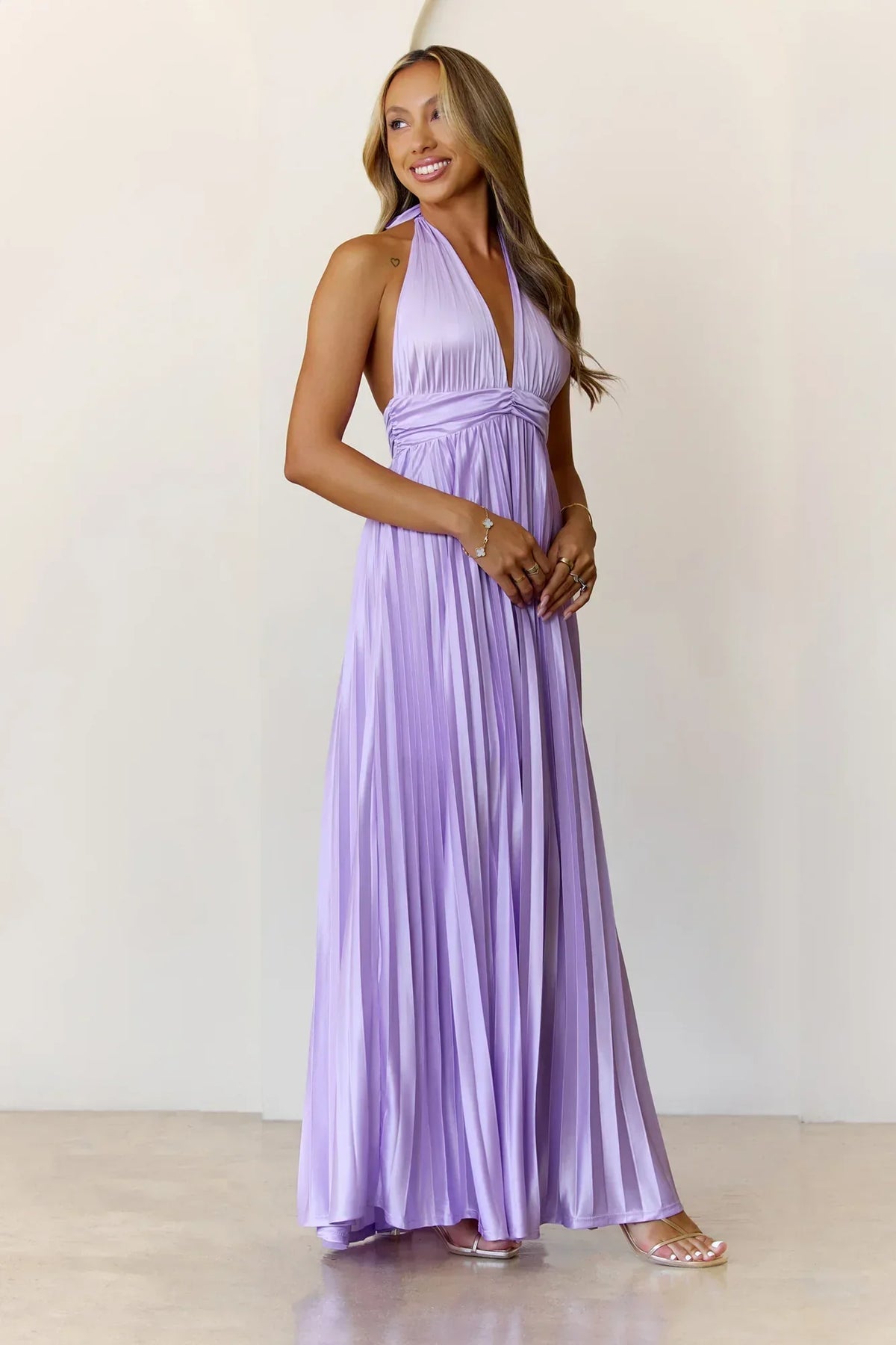 Shimmering Sea Pleated Halter Maxi Dress