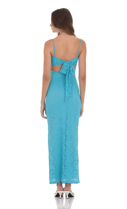 Lace Back Bow Maxi Dress in Aqua Blue