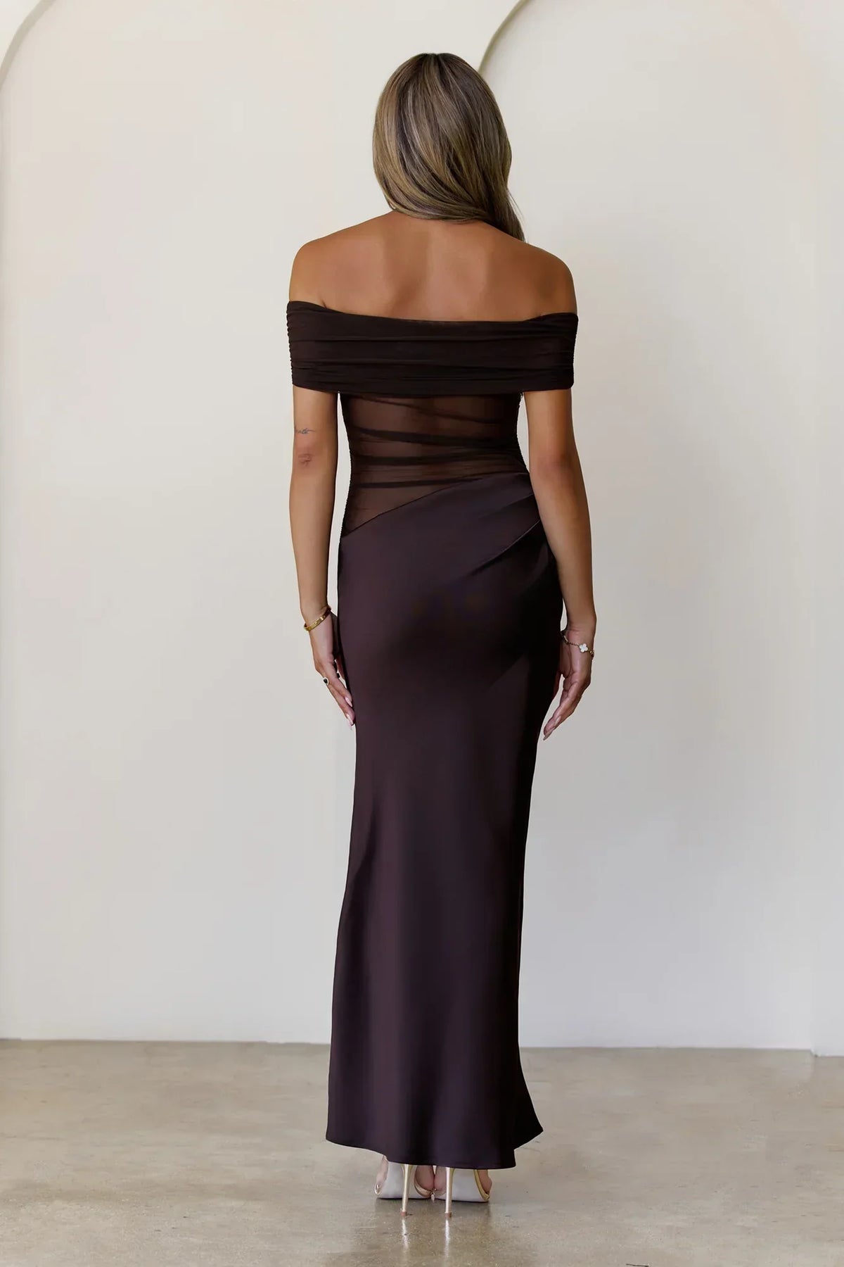 Veiled Whispers Off Shoulder Maxi Dress