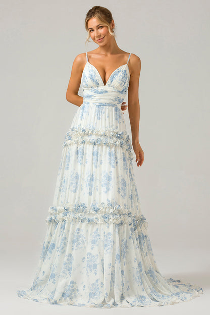 Green Tulle A Line Spaghetti Straps Long Bridesmaid Dress with Ruffles