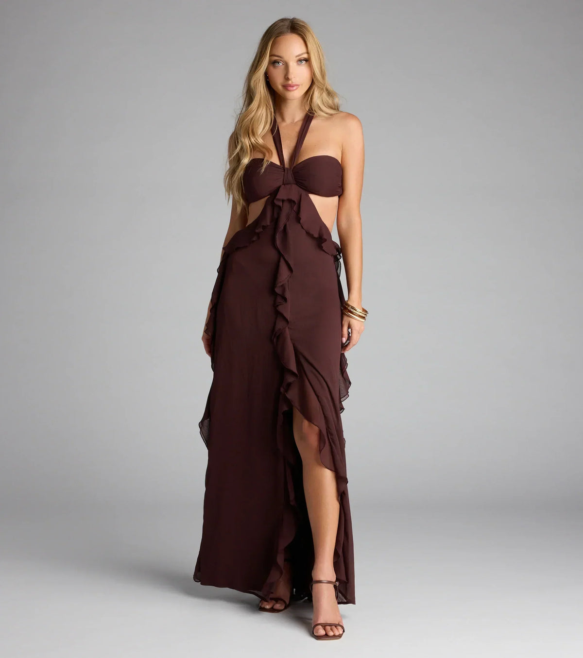 Ruffle and Ready Chiffon Halter Maxi Dress