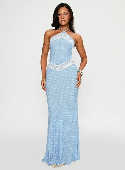 Wild Joy Halter Maxi Dress Blue Polka