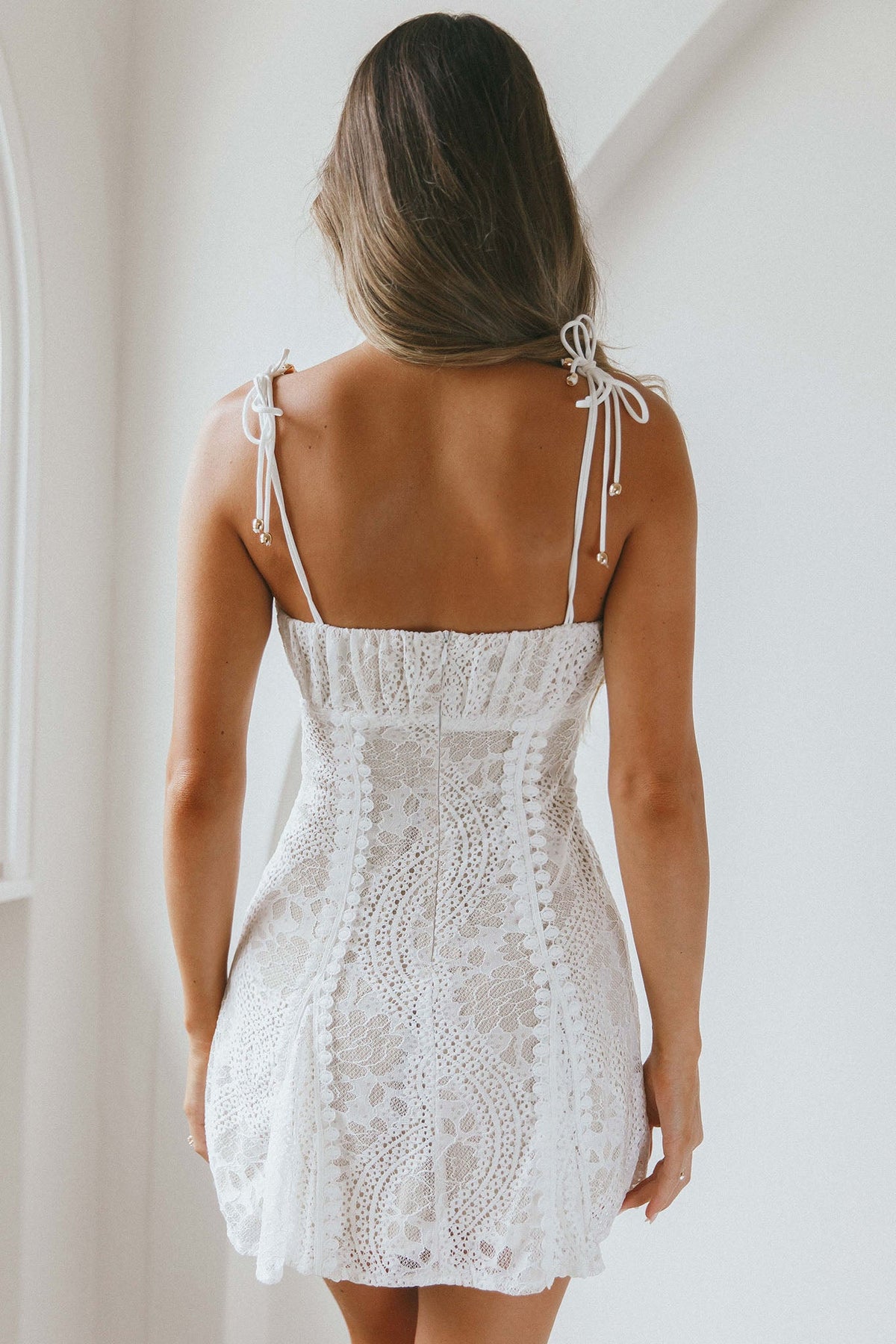 Promise Me Ruched Bust Godet Dress Lace White