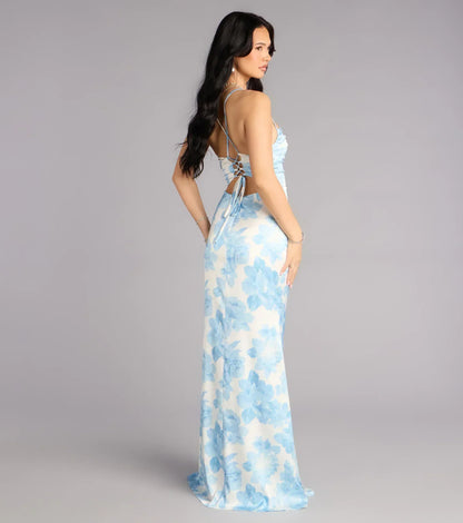 Helen Floral Satin Lace-Up Formal Dress