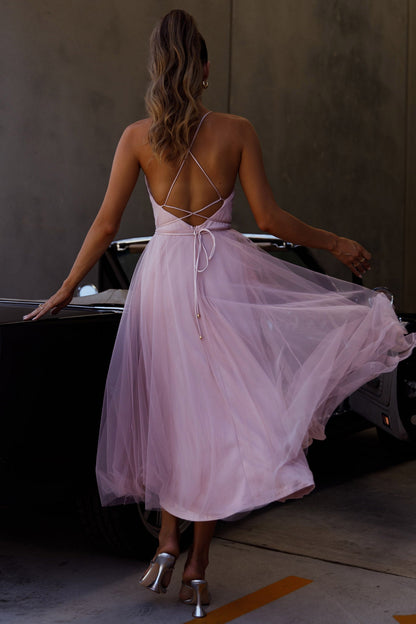 Floating By Pleated Neckline Mesh Midi Dress Blush