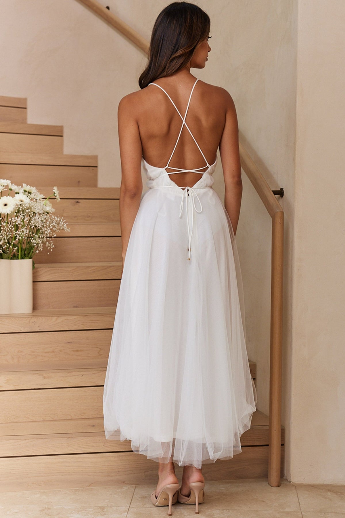 Floating By Plunging Neckline Mesh Overlay Midi Dress White