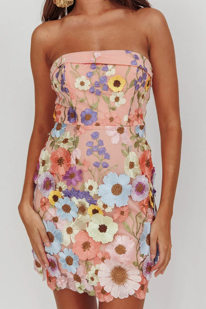 Flora Day Strapless Floral Embellished Mini Dress Pale Pink