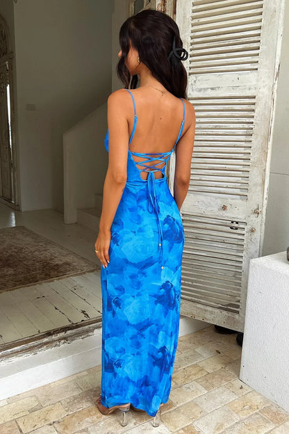 Nadine Lace-Up Back Maxi Dress - Blue Floral