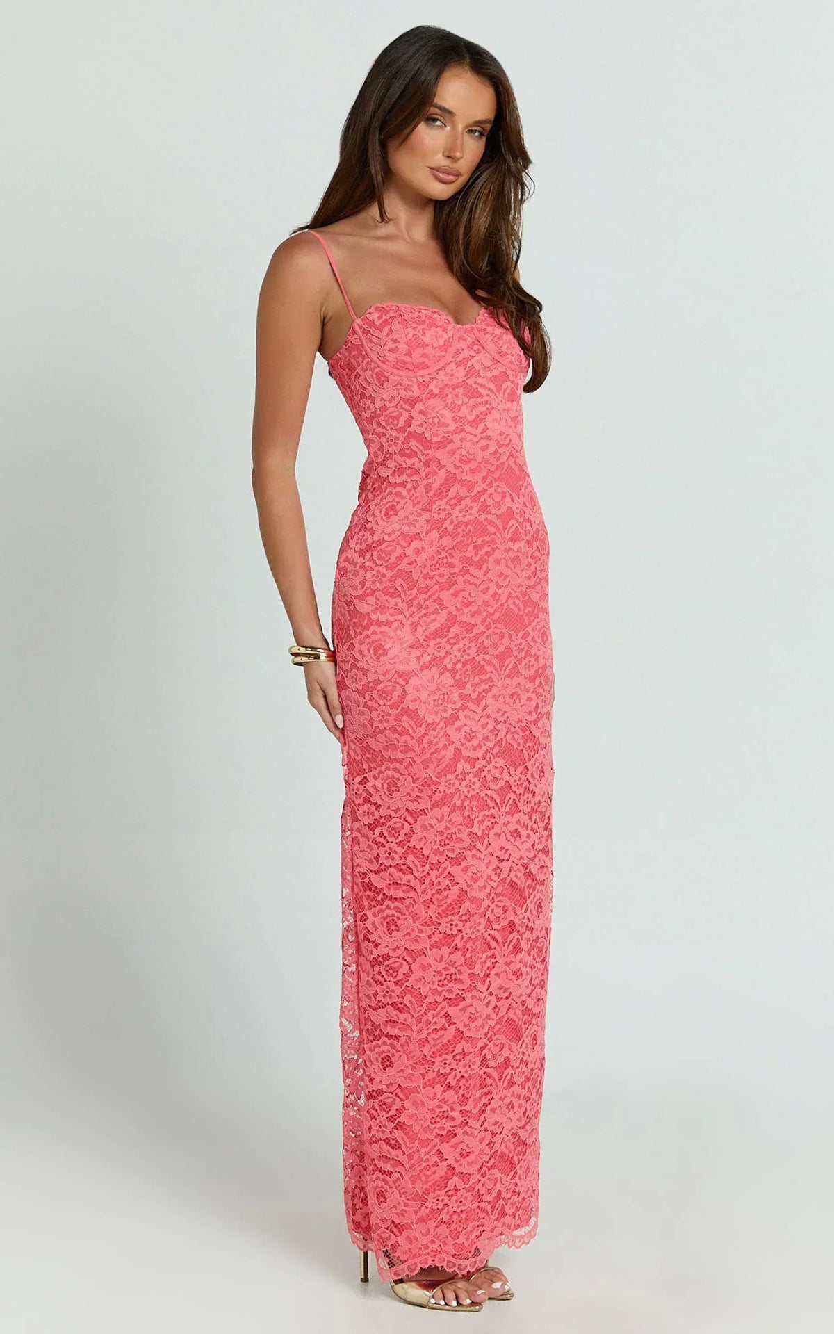 Carli Maxi Dress - Adjustable Strap Corset Bodycon Lace Dress in Watermelon