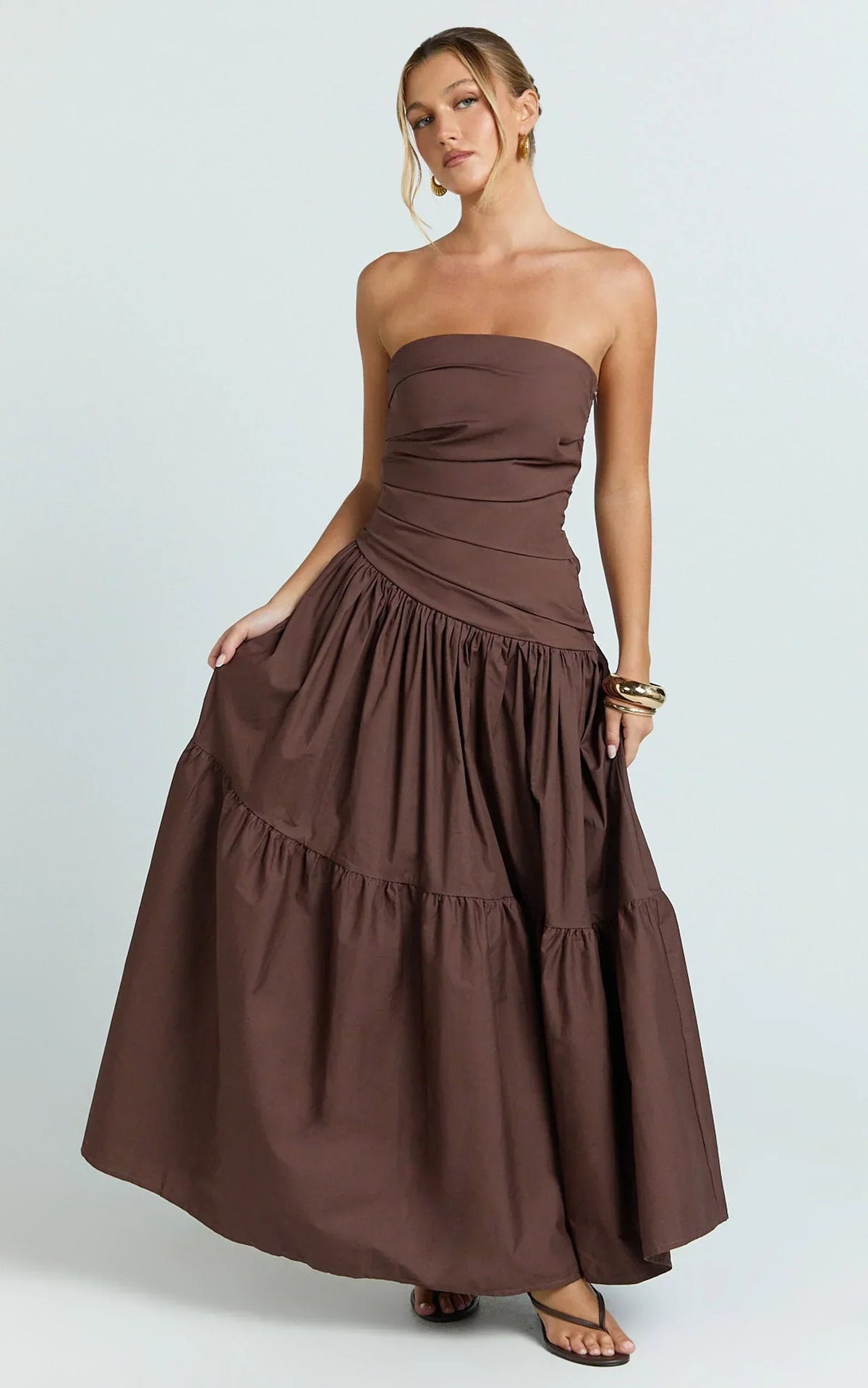 Cora Midi Dress - Strapless Dress in Chocolate