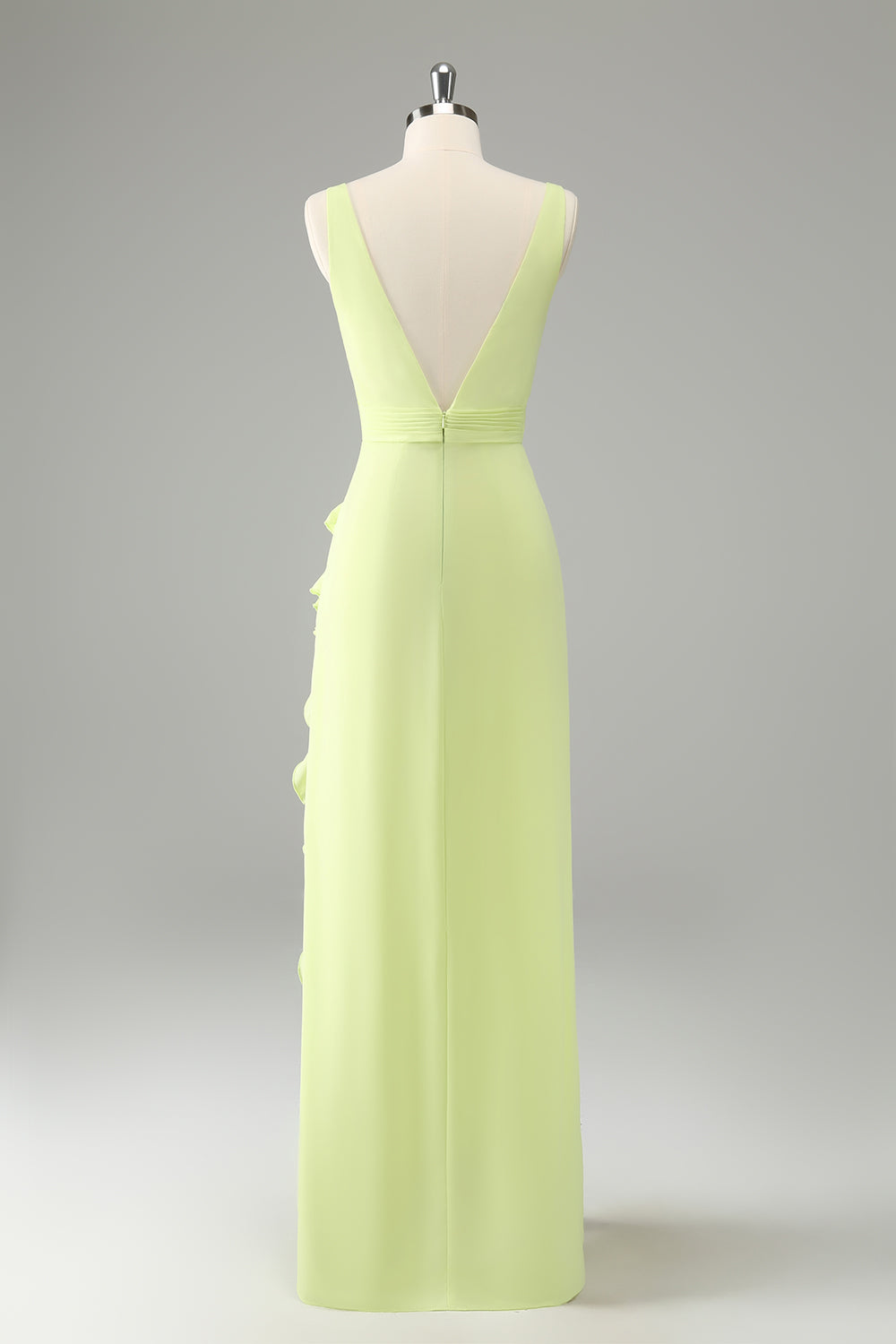 Lime Deep V Neck Ruffles Wedding Guest Dress with Slit