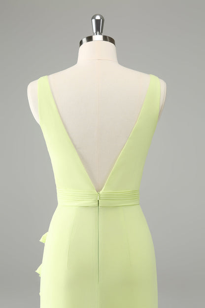 Lime Deep V Neck Ruffles Wedding Guest Dress with Slit