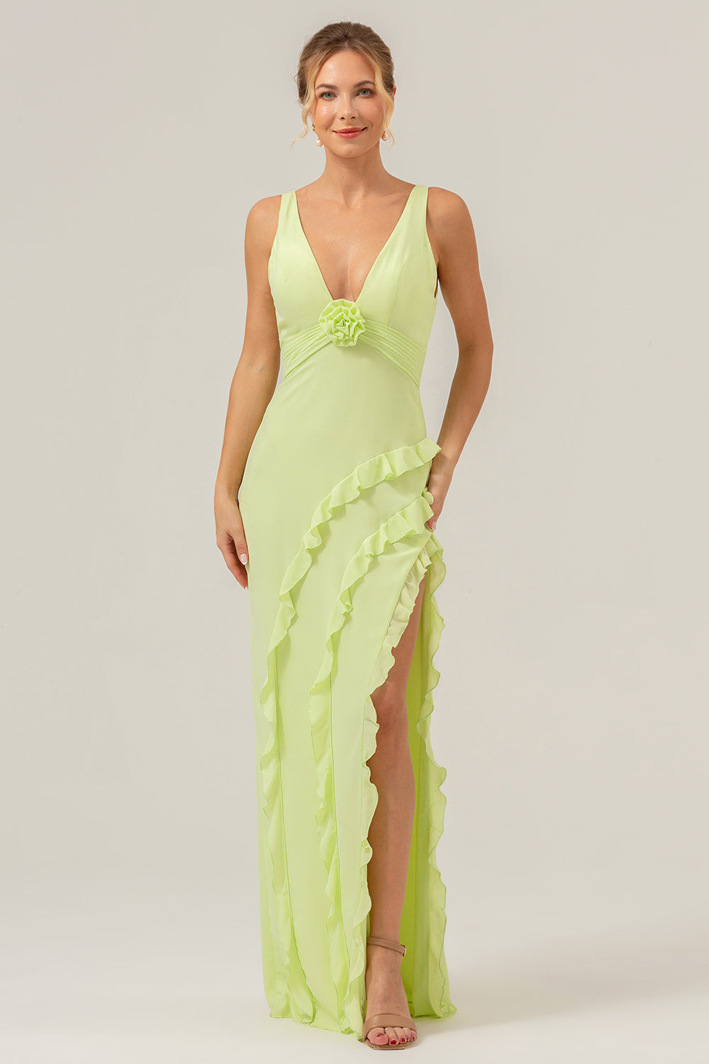 Lime Deep V Neck Ruffles Long Bridesmaid Dress with Slit