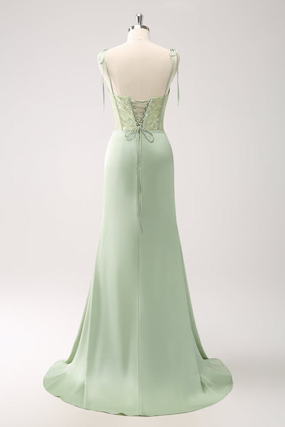 Pink Lace Corset Long Bridesmaid Dress with Slit