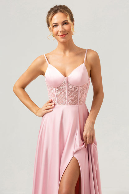 Pink Corset Satin Lace Long Bridesmaid Dress with Slit