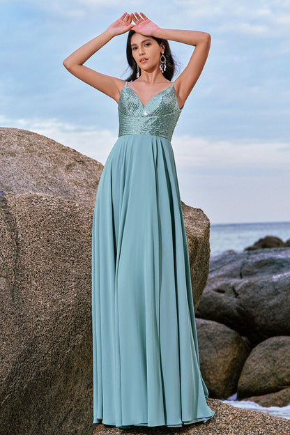 Grey Green Spaghetti Straps Backless Long Bridesmaid Dress With Slit