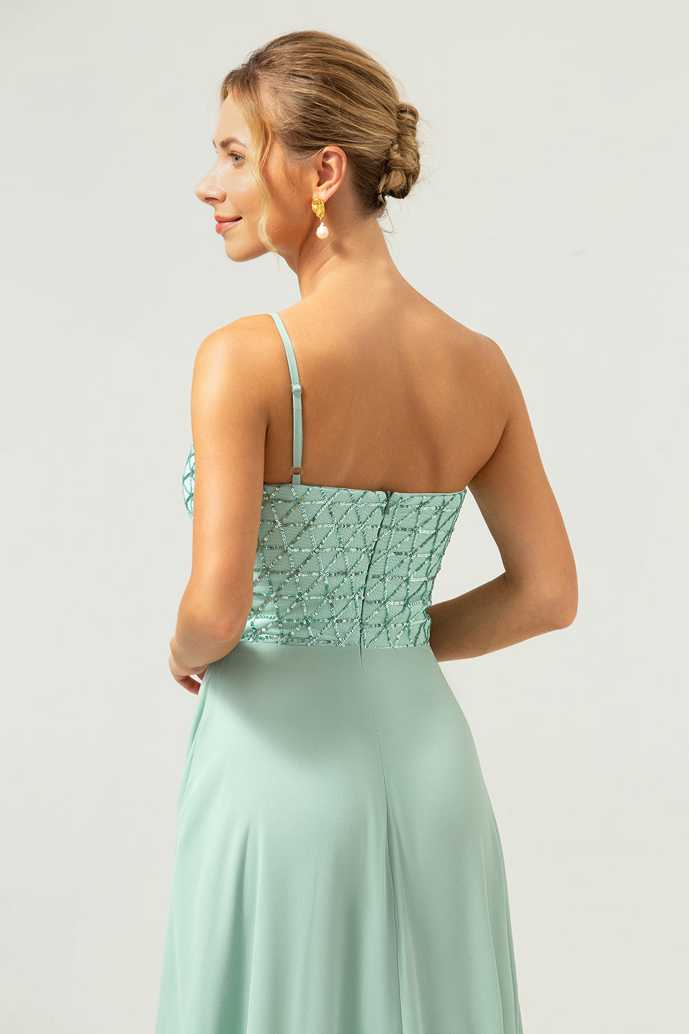Sparkly Green One Shoulder A-Line Long Bridesmaid Dress
