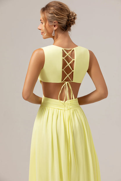 Lemon Yellow A Line Ruched Long Bridesmaid Dress with Ruffles