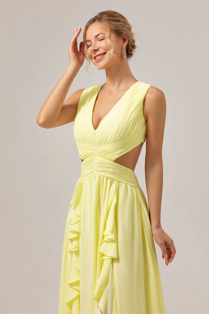 Lemon Yellow A Line Ruched Long Bridesmaid Dress with Ruffles