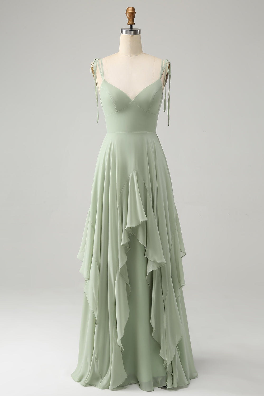 Matcha A Line Spaghetti Straps Long Bridesmaid Dress with Ruffles